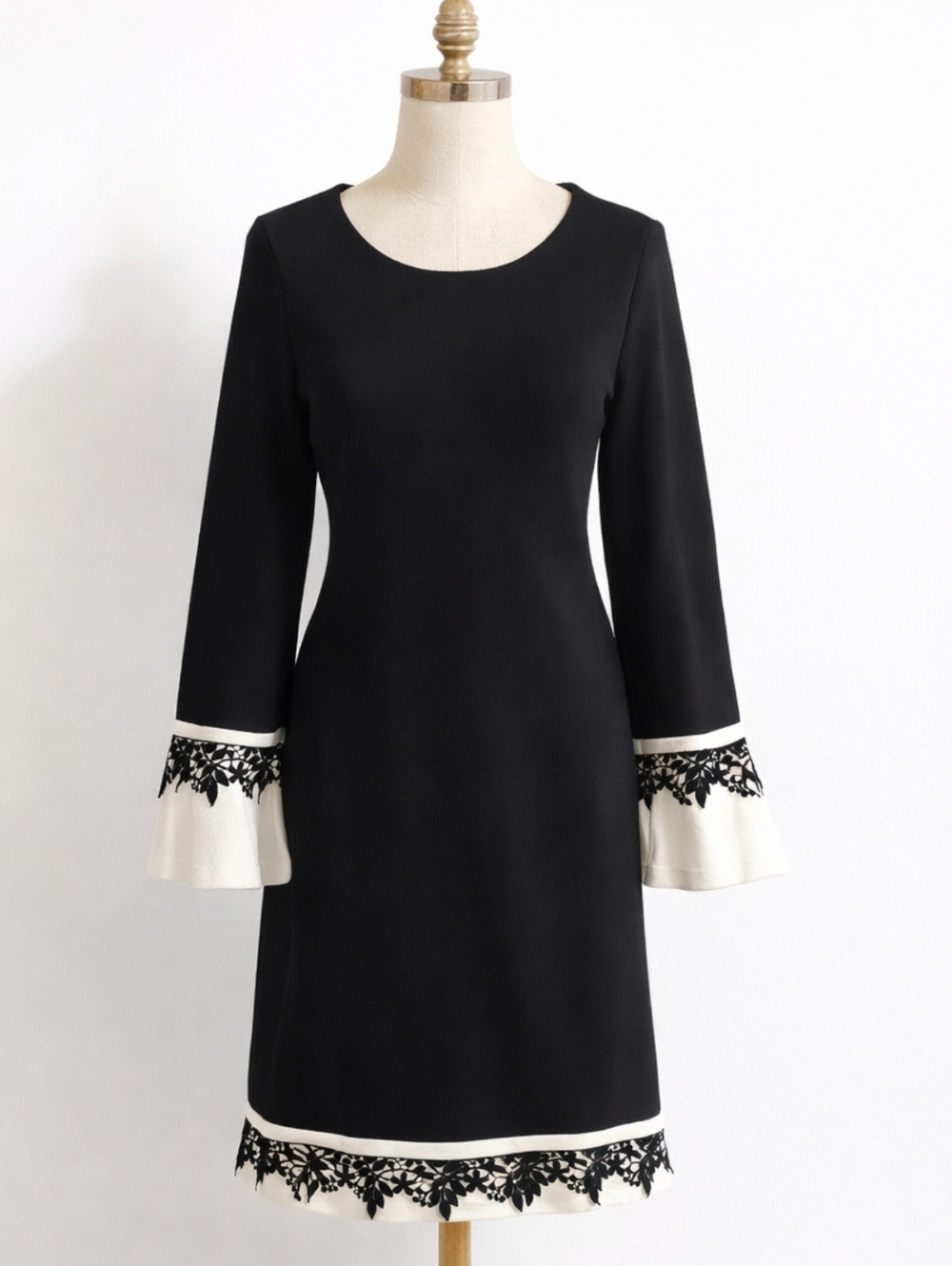 Calvin Klein Black Ivory Crochet Lace Bell Cuff Dress Long Sleeve L